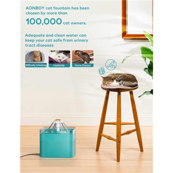 Cat Water Fountain, Ultra Silent Cat Fountain 67oz/2L, with LED Light - Picture 2 of 6